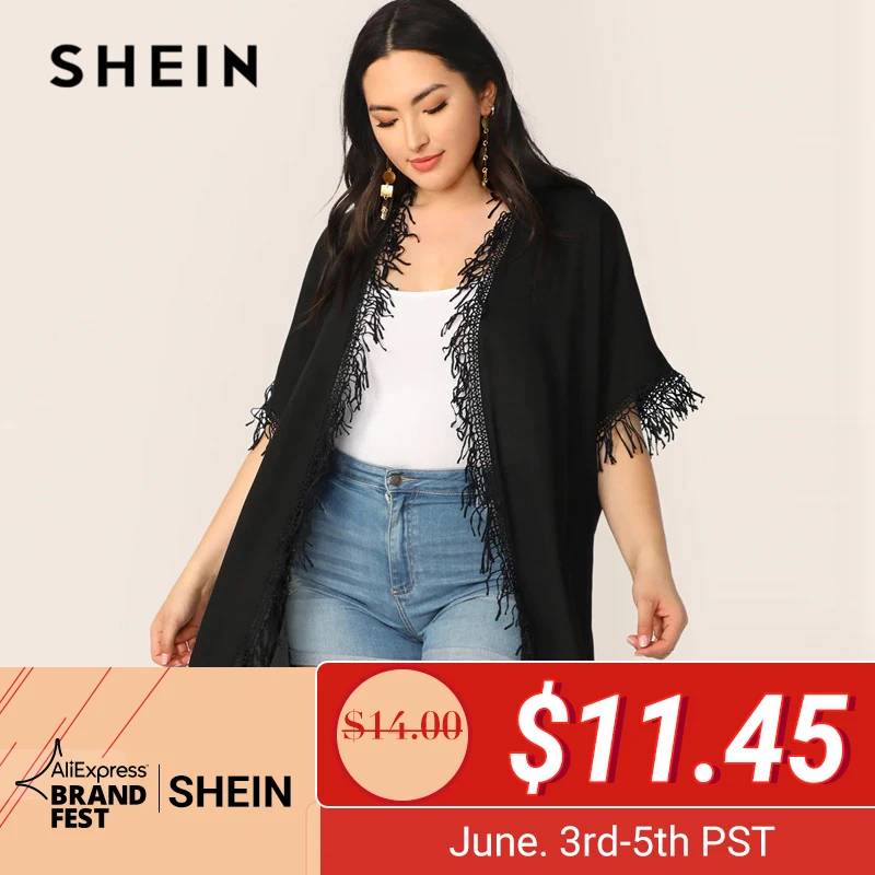 

SHEIN Plus Size Black Solid Tassel Detail Kimono 2019 Women Spring Summer Bohemia Half Sleeve Vacation Beach Tassel Kimonos