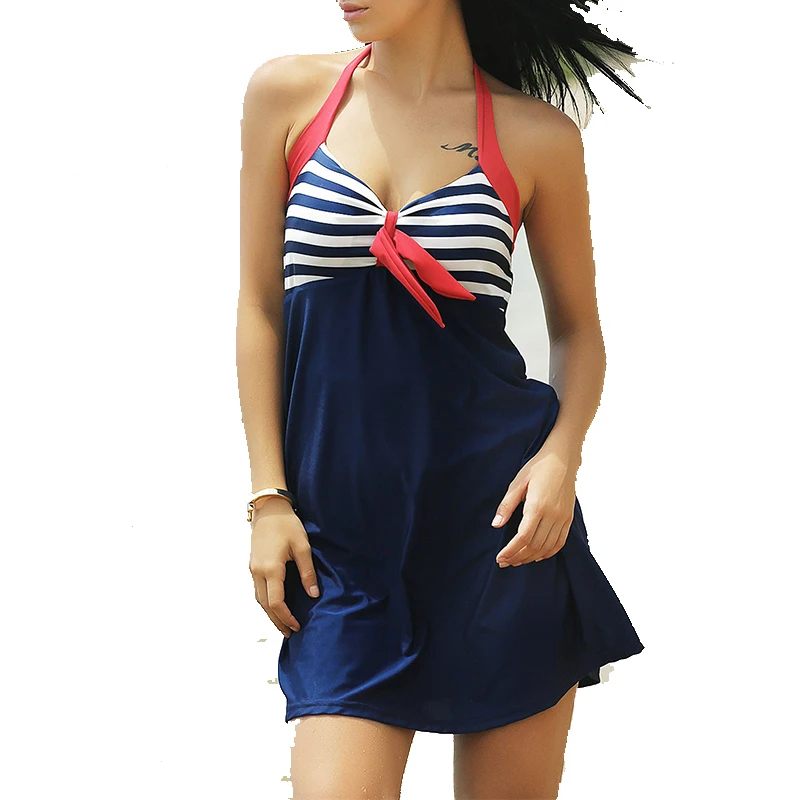 Image Newest Sexy Stripe Padded Halter Skirt Swimwear Women One Piece Swimsuit Beachwear Bathing Suit Swimwear Dress Plus Size M 3XL