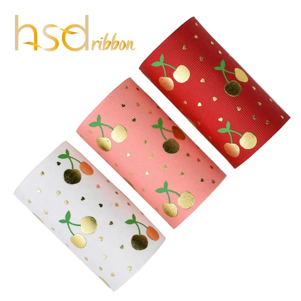 HSDRibbon 75mm 3 inch Cherry Pattern in gold foil and ink on Solid Grosgrain Ribbon for hair bow 50Yards/Roll
HSDRibbon 75mm 3 inch Cherry Pattern in gold foil and ink on Solid Grosgrain Ribbon for hair bow 50Yards/Roll