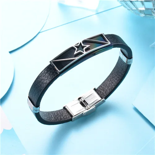 Baoyan Stainless Steel Silver Black Leather Star Toggle-clasps Bracelet For Men Fashion Trendy Jewelry Hommes | Украшения и