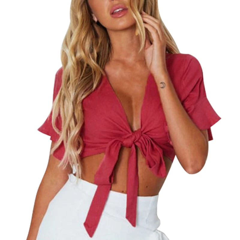 Solid Color Deep V-neck T-shirt Sexy Umbilical Ruffled Short-sleeved Women's Summer Bowknot Crop Top
Solid Color Deep V-neck T-shirt Sexy Umbilical Ruffled Short-sleeved Women's Summer Bowknot Crop Top