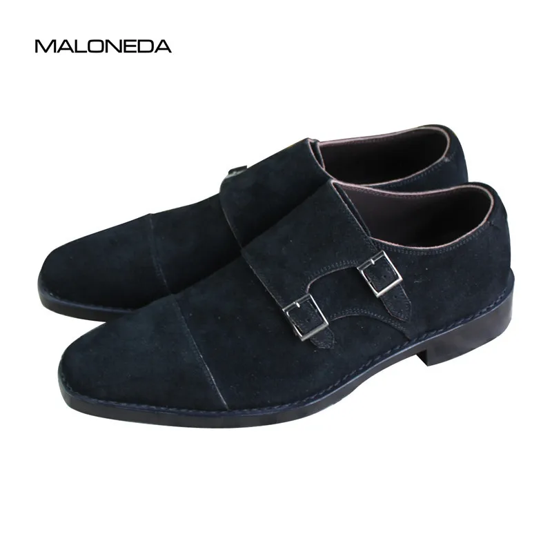 

MALONEDA Bespoke Black Color Genuine Leather Suede Shoes Double Monk Straps Pure Manual Goodyear Handcraft Casual Slip On Shoe