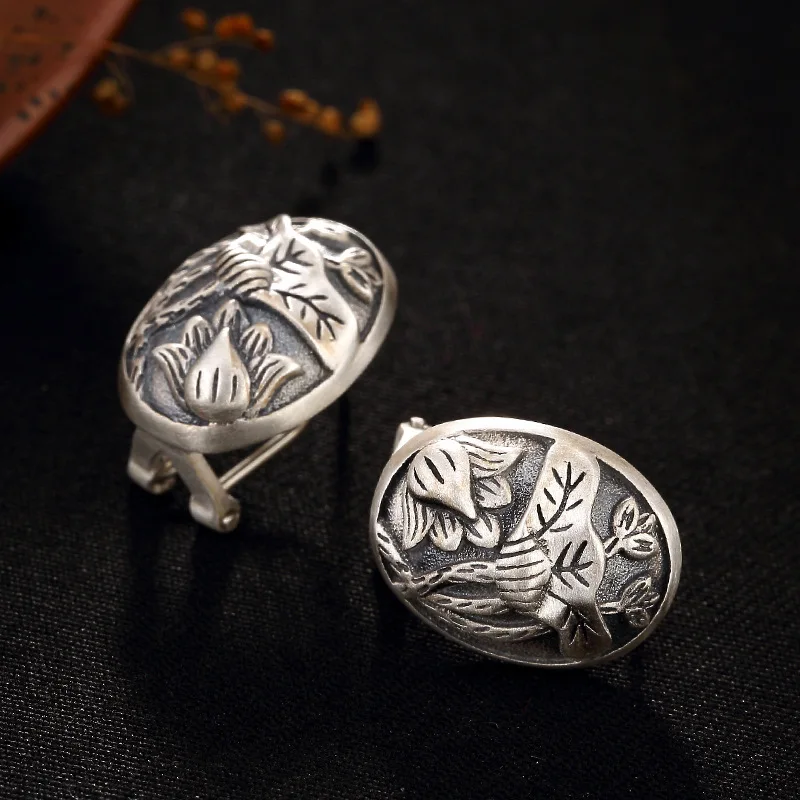 S925 Pure Anemone Lotus Leaf Matt Color Retro Simple High-grade Silver Ear Nails Wholesale | Украшения и аксессуары
