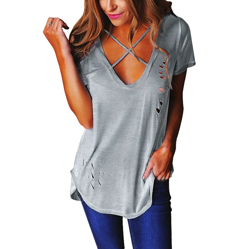 Sexy Holes Summer T-Shirts Women Cross V-Neck Ripped Bandage Casual Loose Basic Female Tee Tops Solid Camisas Mujer
Sexy Holes Summer T-Shirts Women Cross V-Neck Ripped Bandage Casual Loose Basic Female Tee Tops Solid Camisas Mujer