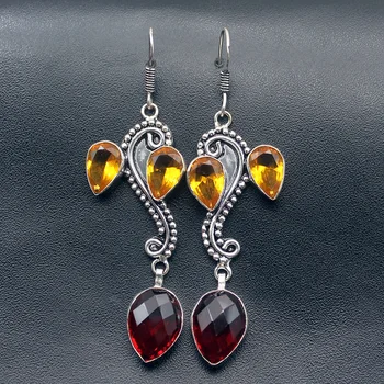 

Hermosa Dashing Vintage YellowCitrine Red Garnet Dangle Earrings For Women 2 3/4 Inch A120