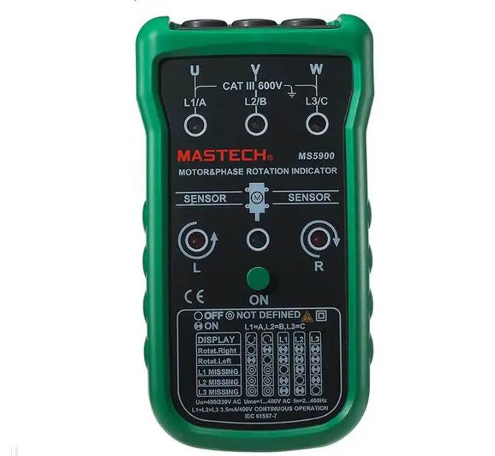 MASTECH MS5900 Three-phase motor phase sequence indicator, rotation indicator, motor phase sequence tables.
MASTECH MS5900 Three-phase motor phase sequence indicator, rotation indicator, motor phase sequence tables.