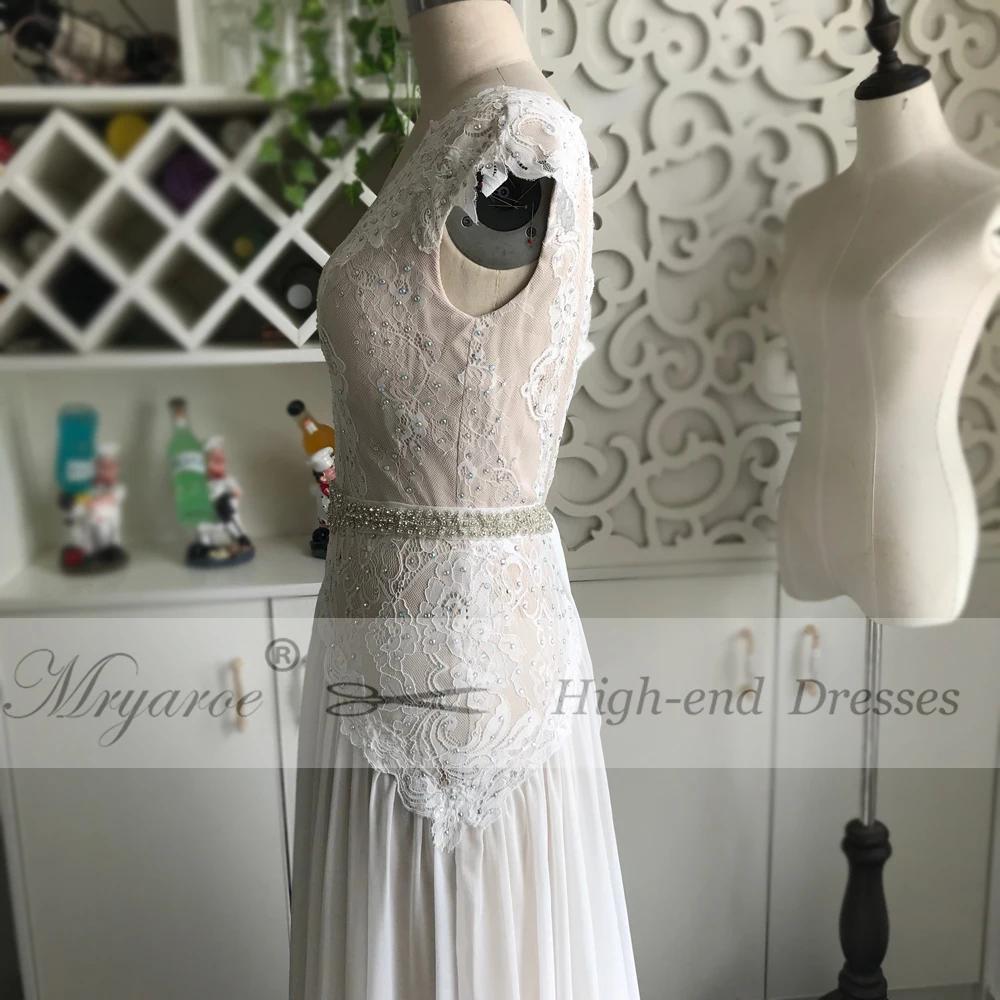 Mryarce Elegant V Neck Glitter Lace Open Back Wedding Dress Boho Chic Bridal Gowns With Rhinestone Belt (6)
