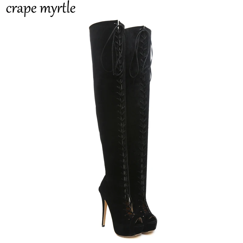 Women Thigh High Boots Over The Knee Boots Platform Cut-outs Cross-starp High Heels shoes Peep Toe heels Female Shoes YMA308