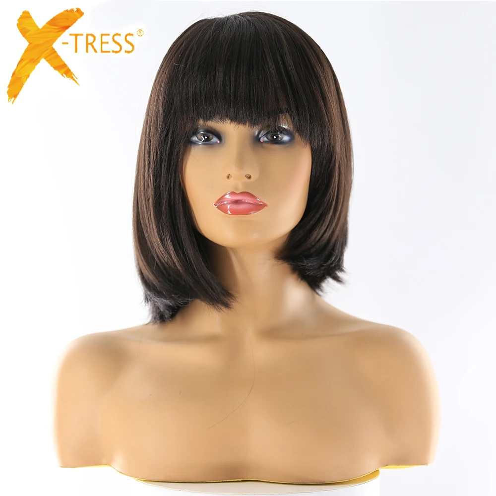 

Medium Brown Straight Synthetic Hair Wigs For Women X-TRESS Heat Resistant Fiber Cosplay Hairstyle Short Bob Hair Wig With Bangs