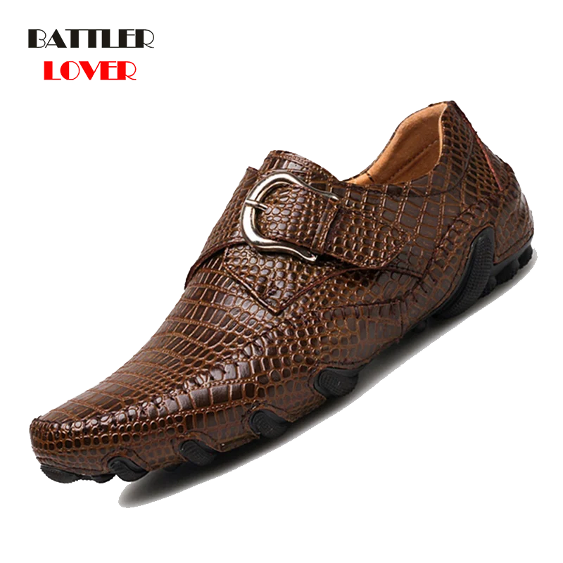 Crocodile Leather 2019 New Men Flat Shoes Men Soft Split Leather Male Moccasin Driving Loafers Shoes Mens Casual Punk Homme Shoe