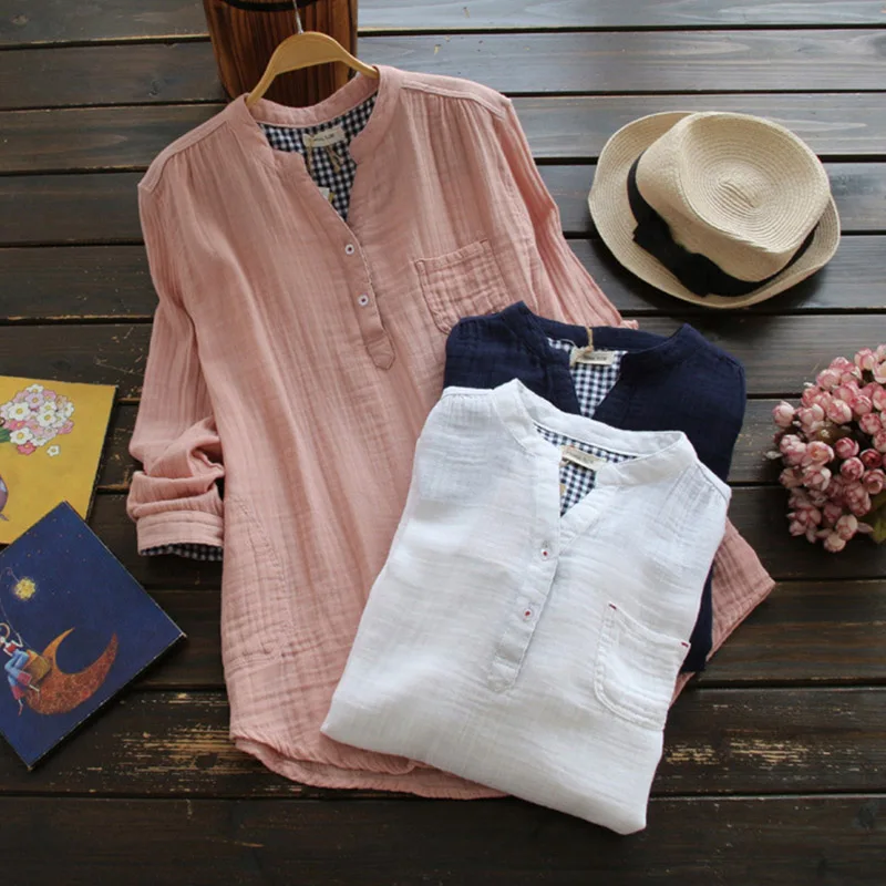 Spring Autumn Mori Girl Shirt Women Casual Solid Long Sleeved Stand Collar Button Cotton Linen Vestido Female Shirt Blouses U629
Spring Autumn Mori Girl Shirt Women Casual Solid Long Sleeved Stand Collar Button Cotton Linen Vestido Female Shirt Blouses U629