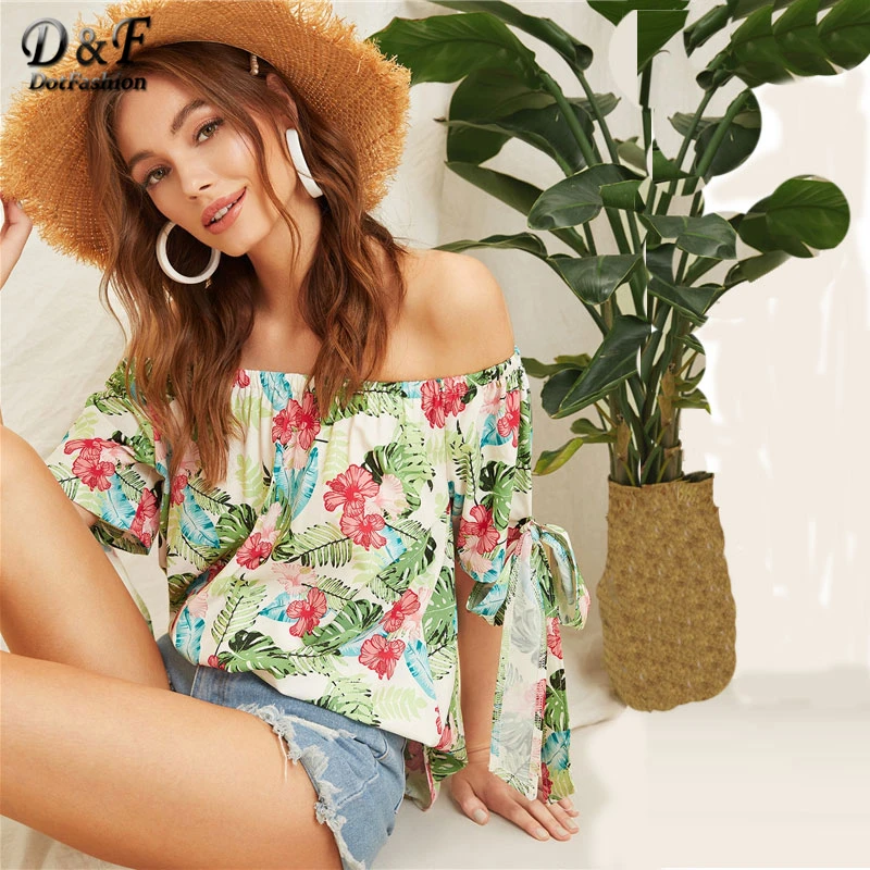 

Dotfashion Off Shoulder Knot Cuff Floral Print Blouse 2019 Summer Boho Women Tops Short Sleeve Tropical Vacation Womens Blouses