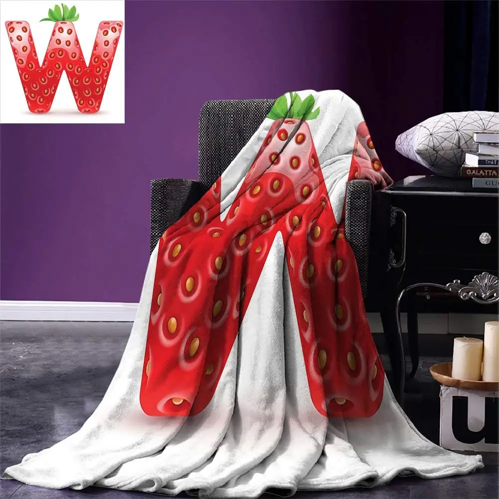 Фото Letter W Throw Capital with Strawberry Green Leaves Harvest Yield Pattern Alphabet Warm Microfiber Blanket | Дом и сад