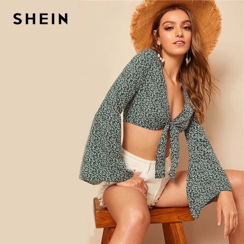 SHEIN Кроп Цветочный Топ С Бантом И Оригинальным Рукавом Женские Летние блузки V
