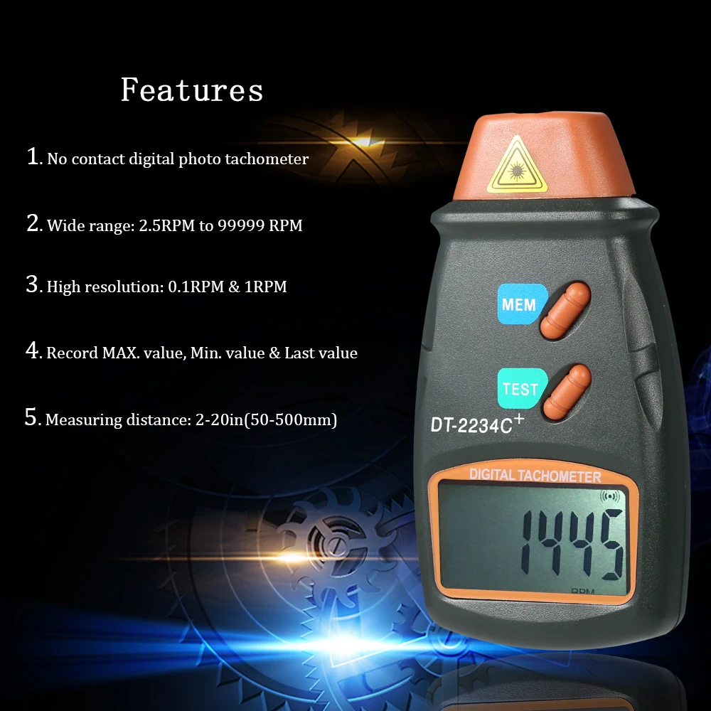 Handheld Digital Photo Tachometer Laser Non-Contact Tach Range 2.5RPM-99,999RPM LCD Motor Speed Meter with 3pcs Reflective Tape
Handheld Digital Photo Tachometer Laser Non-Contact Tach Range 2.5RPM-99,999RPM LCD Motor Speed Meter with 3pcs Reflective Tape