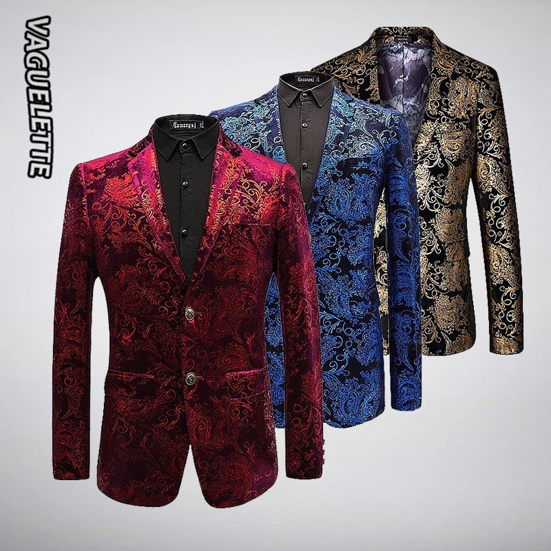 

Luxury Velvet Blazer Men Paisley Floral Jackets Coat Red/Gold/Blue Blazer For Men Elegant Wedding Men's Blazer Stage Wear M-6XL