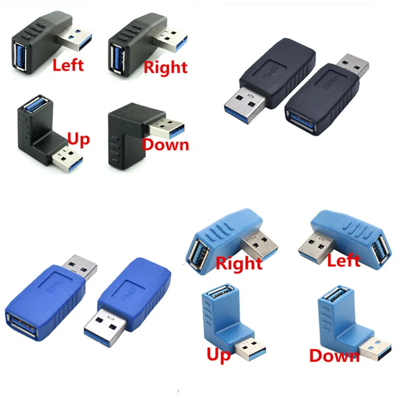 

90 Degree Vertical Left & Right & Up & Down Angled USB 3.0 Male to A Female M/F Adapter Connector Converter Black and blue