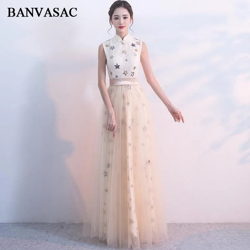 BANVASAC 2018 High Neck Sequined Stars A Line Lace Appliques Long Evening Dresses Party Sash Illusion Tulle Prom Gowns
BANVASAC 2018 High Neck Sequined Stars A Line Lace Appliques Long Evening Dresses Party Sash Illusion Tulle Prom Gowns