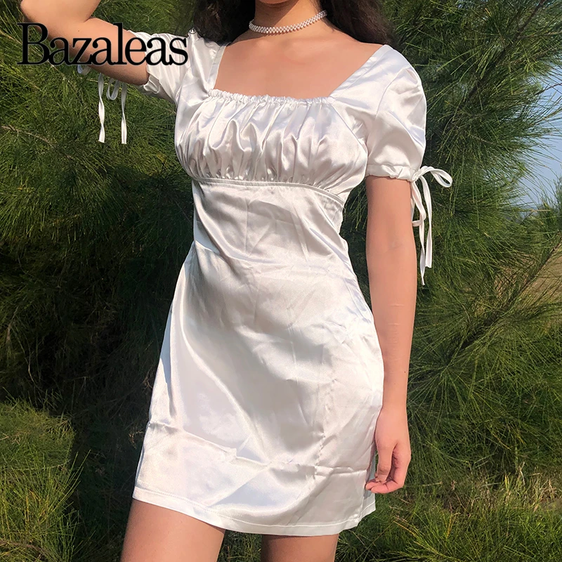 Bazaleas Like Silk Center Draped women vestido Vintage mini dresses Satin Square Collar summer Dress Fashion dress women Casual
Bazaleas Like Silk Center Draped women vestido Vintage mini dresses Satin Square Collar summer Dress Fashion dress women Casual