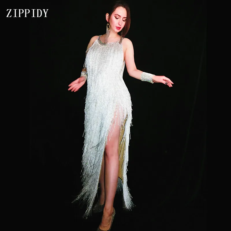 Fashion Sexy White Tassel Sleeveless Dress Evening Rhinestones Fringes Long Dress Celebrate Dress
Fashion Sexy White Tassel Sleeveless Dress Evening Rhinestones Fringes Long Dress Celebrate Dress