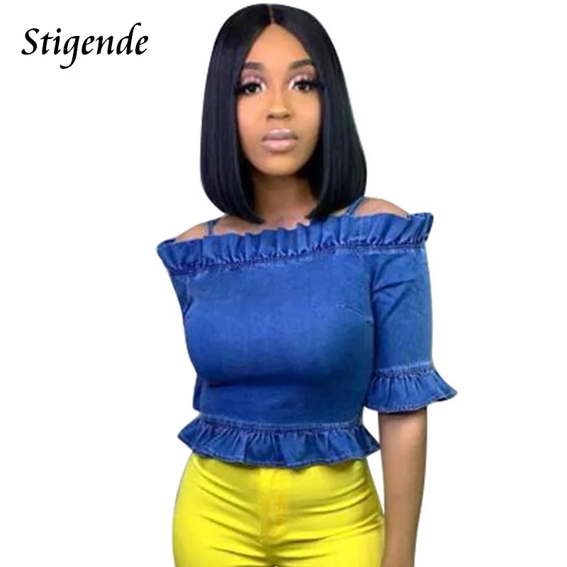Stigende Summer Half Sleeve Denim Blouse Women Casual Off Shoulder Ruffle Shirt Blouse Back Zipper Slash Neck Crop Shirt Top
Stigende Summer Half Sleeve Denim Blouse Women Casual Off Shoulder Ruffle Shirt Blouse Back Zipper Slash Neck Crop Shirt Top