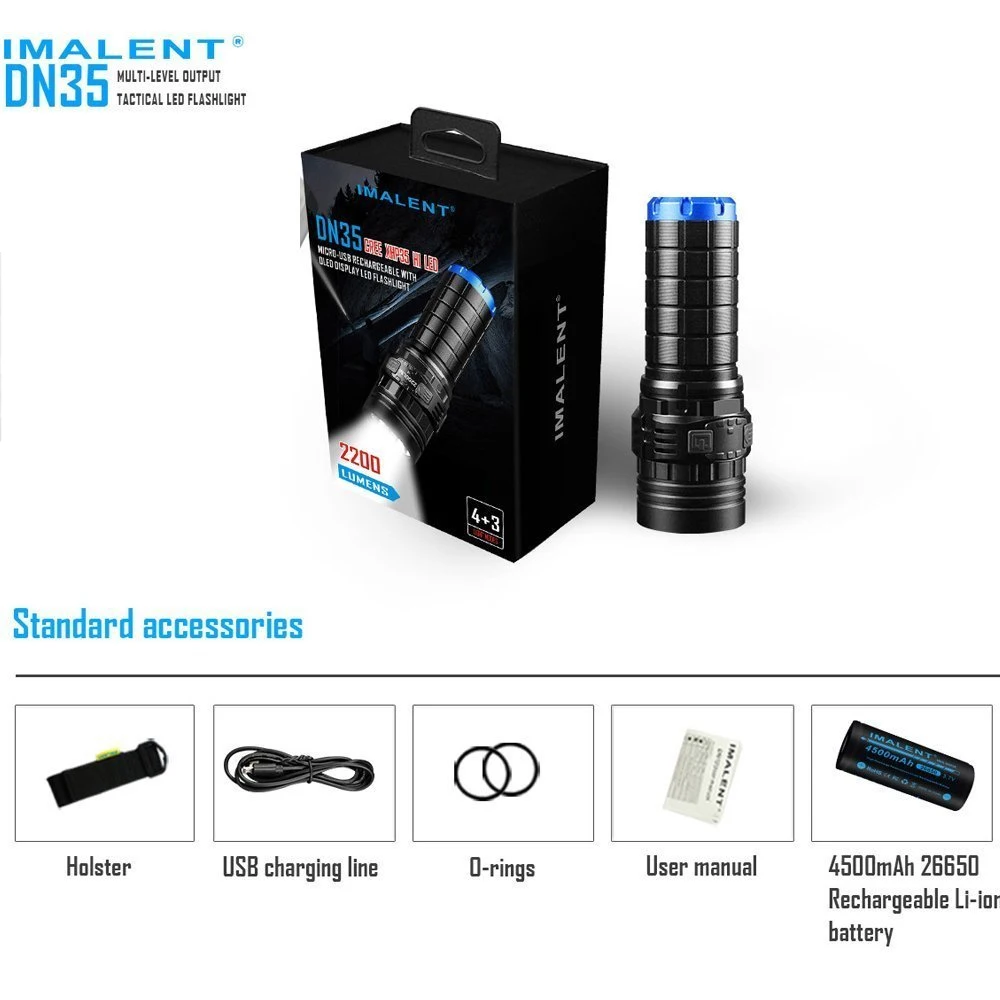 

IMALENT DN35 outdoor torch CREE XHP35 HI LED max. 2200LM beam distance 596 meter flashlight + 4500mAh 26650 Li- ion battery