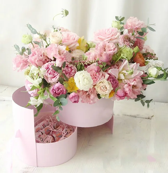 Double Layer Round Flower Paper Boxes With Ribbon Rose