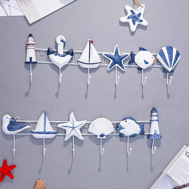 Waliicorners style coat hook creative wooden 6 hooks Ocean home starfish shell sailing seabird hooks decorative practical 21 HTB1zAyJc21H3KVjSZFHq6zKppXav