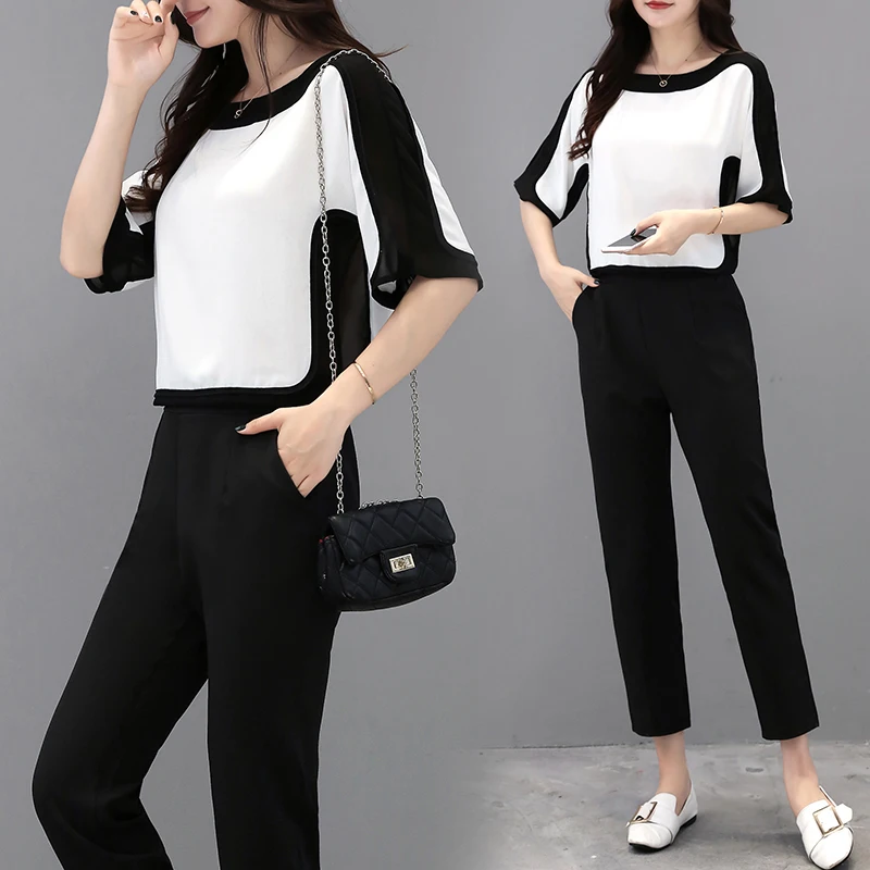 women's summer wear casual suits fairy two-piece clothing set OL lady outfit vestidos blouse top black pants plus size L - 5XL
women's summer wear casual suits fairy two-piece clothing set OL lady outfit vestidos blouse top black pants plus size L - 5XL