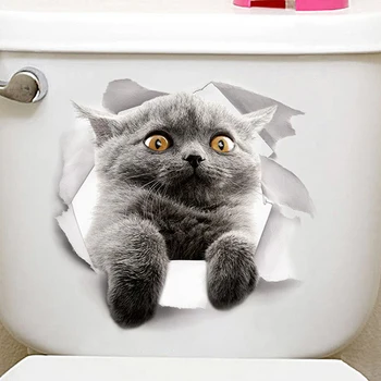 Hot 3D Cute Kitten Closestool Sticker Kids Bedroom Wall Deocration Cat Cartoon Fridge Sticker