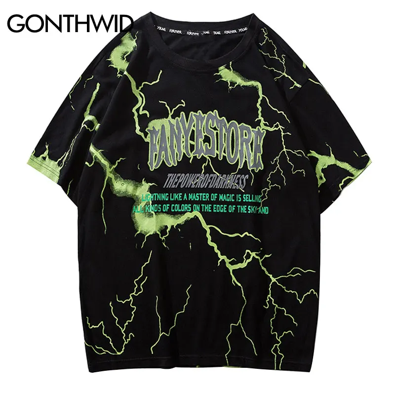 Фото GONTHWID Lightning Print Punk Rock Tee Shirts Streetwear Summer Hip Hop Harajuku Casual Tshirts Male Fashion Short Sleeve Tops | Мужская