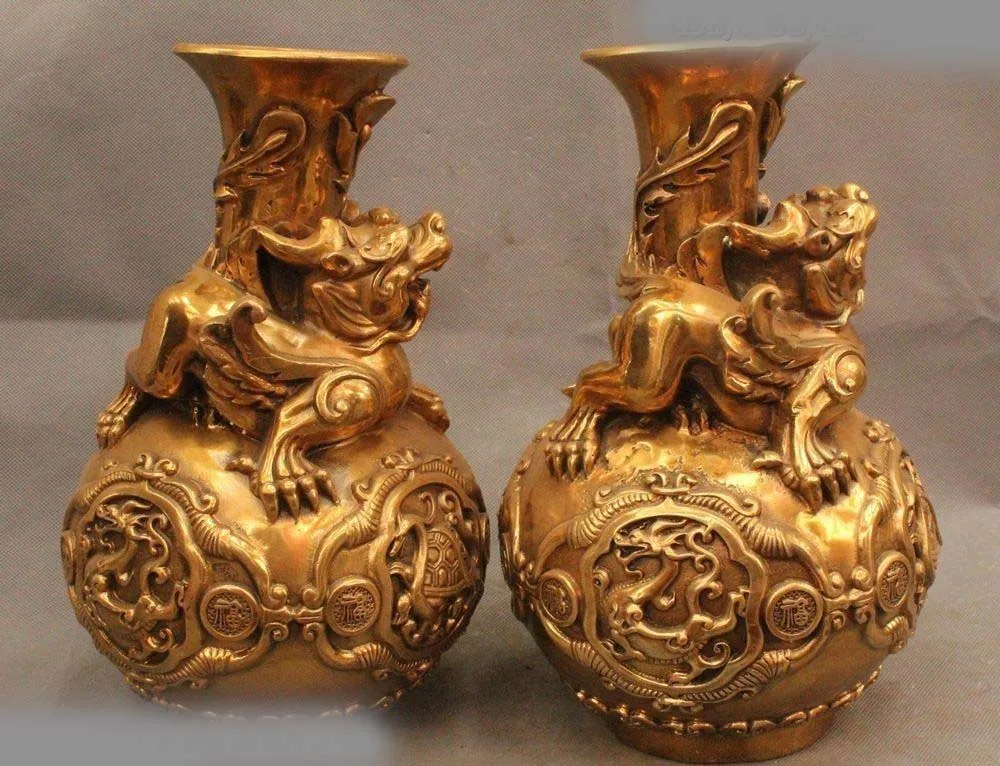 12"Chinese Feng Shui Brass Fu Wealth Dragon Animal Kylin flower Vase Statue Pair
12"Chinese Feng Shui Brass Fu Wealth Dragon Animal Kylin flower Vase Statue Pair