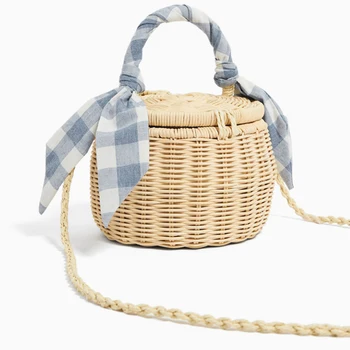 

JHD-Women Bucket Handbag Scarves Straw Beach Tote Bag With Cover Wicker Mini Basket Shoulder Crossbody Bags
