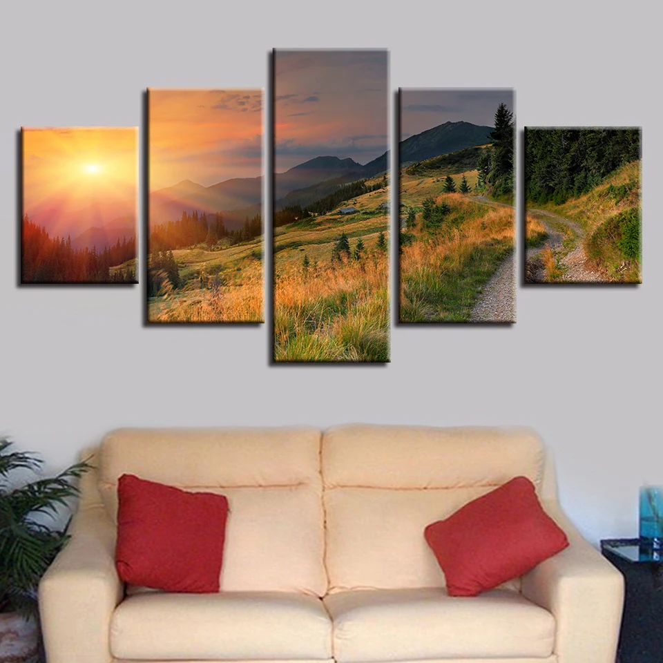 

Printing HD Frames Modular Canvas Picture Art 5 Pieces Path Mountain Forest Sunshine Scenery Poster Decor Bedroom Wall Paintings