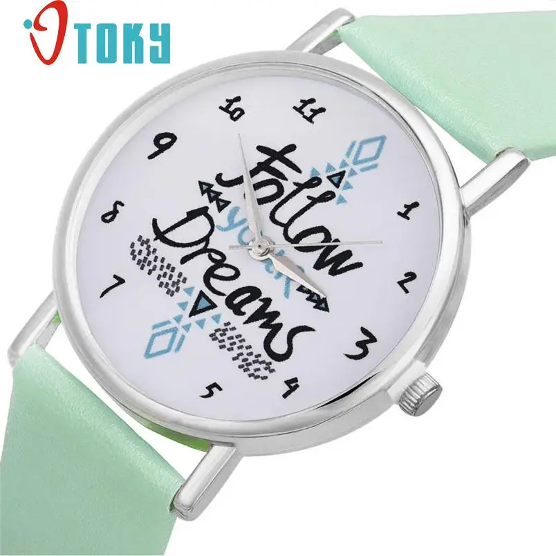 

women watches Follow your Dreams Words Pattern Leather Watch Mint Green 2019