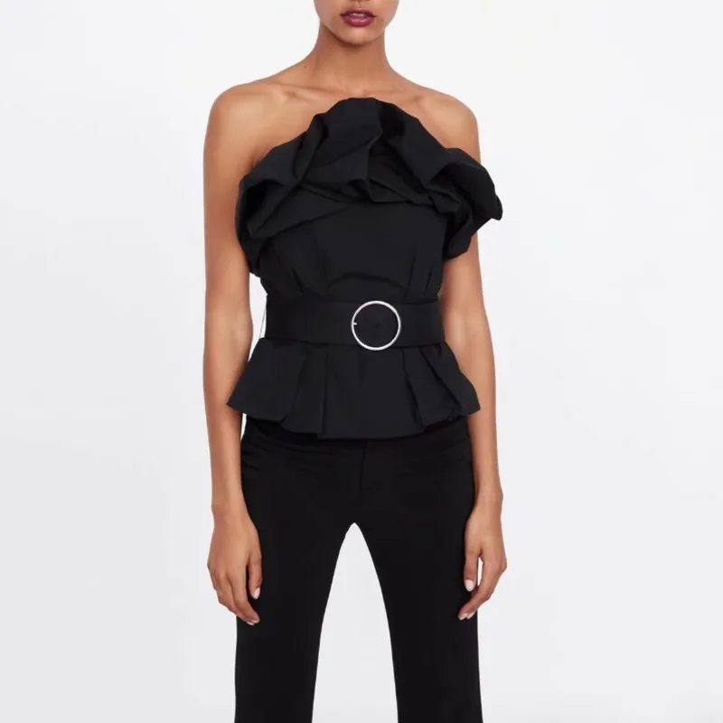 DEAT 2019 Summer Sleeveless Ruffles Cotton Strapless Black Short Blouse Women Shirt With Belt MF924
DEAT 2019 Summer Sleeveless Ruffles Cotton Strapless Black Short Blouse Women Shirt With Belt MF924