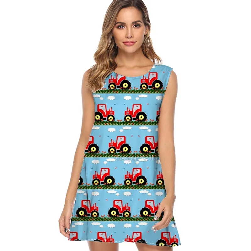 Summer Women Dress Sleeveless O Neck Slim Short Dress Lady Toy tractor Printed Mini Beach Dress Vestidos Robe Femme 
Summer Women Dress Sleeveless O Neck Slim Short Dress Lady Toy tractor Printed Mini Beach Dress Vestidos Robe Femme