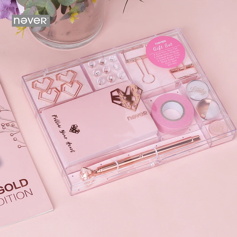 Never Rose Gold Series Stationary Set Metal Pen Memo Pad Push Pins Washi Tape Paper Clips School Office Supplies Gift Stationary
Never Rose Gold Series Stationary Set Metal Pen Memo Pad Push Pins Washi Tape Paper Clips School Office Supplies Gift Stationary