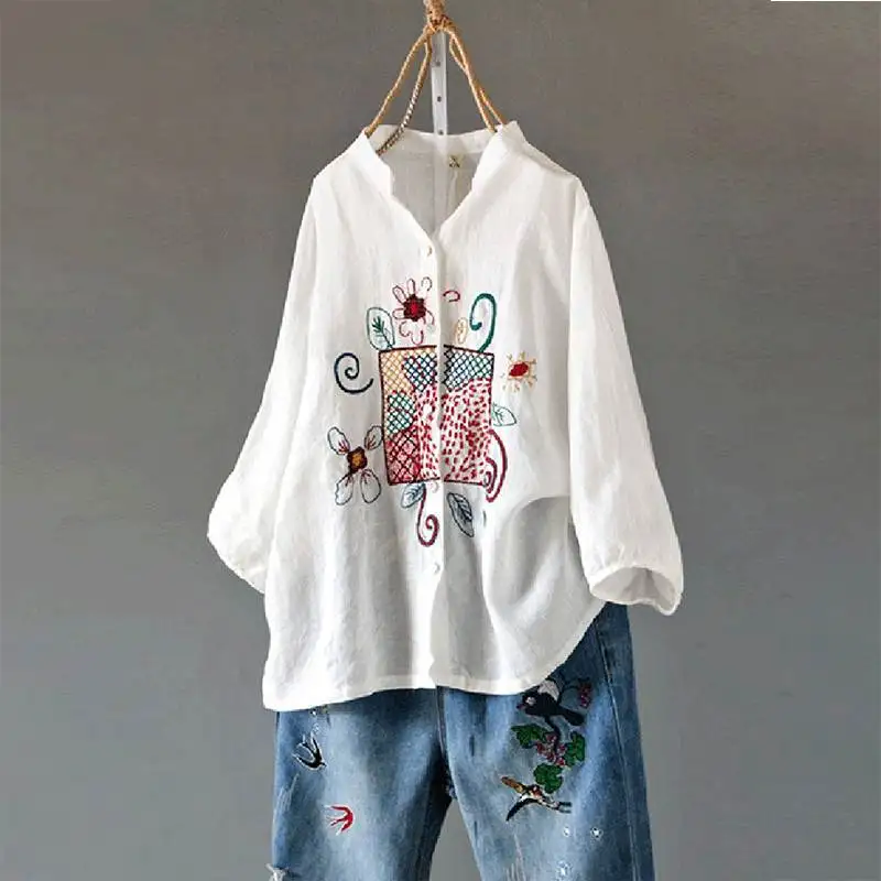 Women Cotton Linen Shirt Autumn Vintage Embroidery Blouse Femme Robe Long Sleeve Floral Blusas Casual Femininas Buttons Tops
Women Cotton Linen Shirt Autumn Vintage Embroidery Blouse Femme Robe Long Sleeve Floral Blusas Casual Femininas Buttons Tops