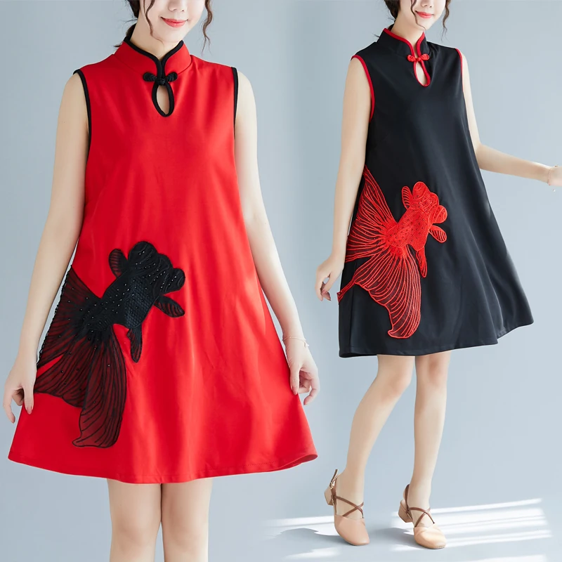 P Ammy Plus Size Summer Mini Dress Chinese Style Embroidered goldfish Cheongsam Dress 2019 Women Sleeveles Vestidos
P Ammy Plus Size Summer Mini Dress Chinese Style Embroidered goldfish Cheongsam Dress 2019 Women Sleeveles Vestidos