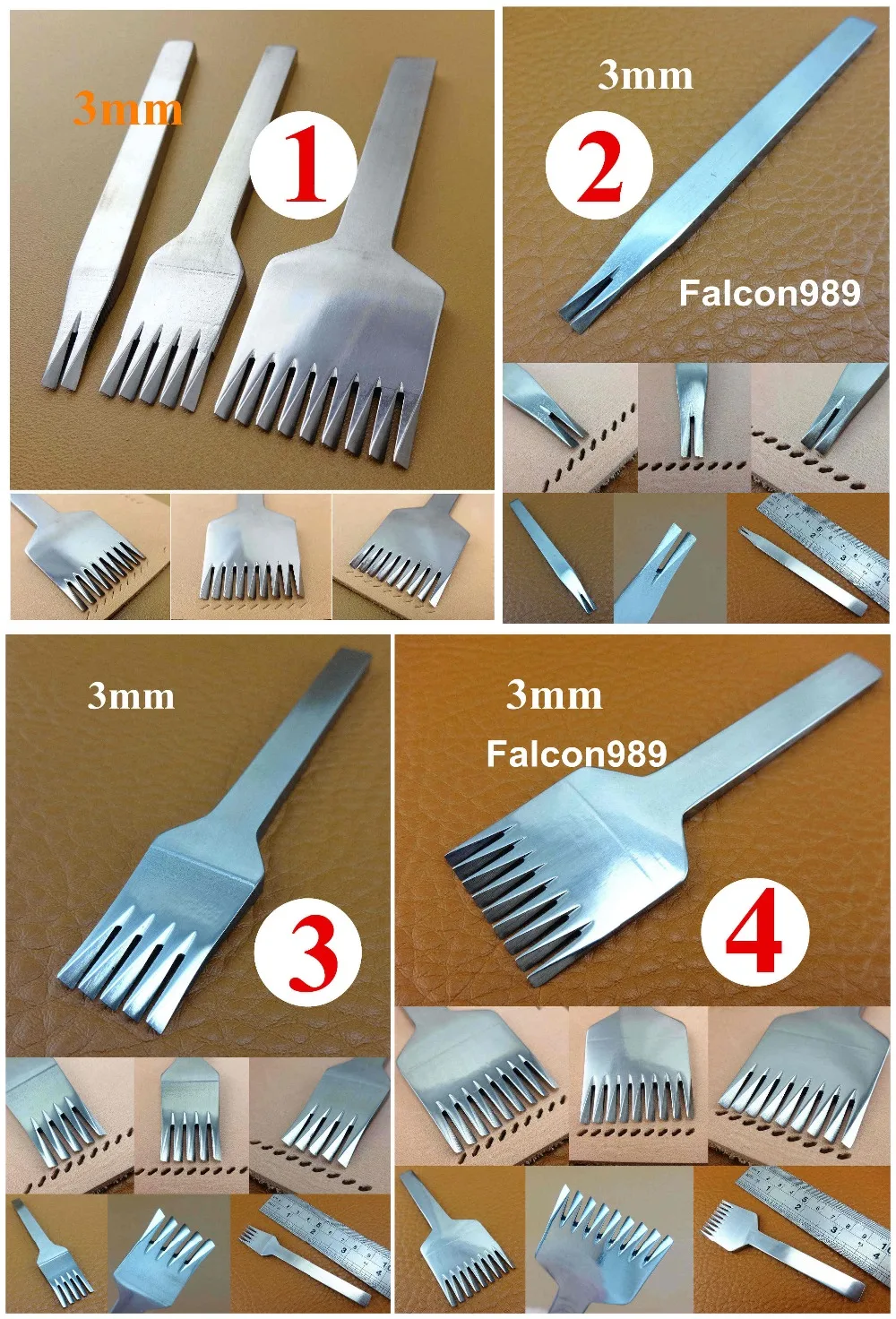 4kind 3mm European Style 2+5+9 prongs Leather Craft Stitching Sewing Lacing Chisel Pricking Iron Punch Tool Set Carving Stamp
4kind 3mm European Style 2+5+9 prongs Leather Craft Stitching Sewing Lacing Chisel Pricking Iron Punch Tool Set Carving Stamp
