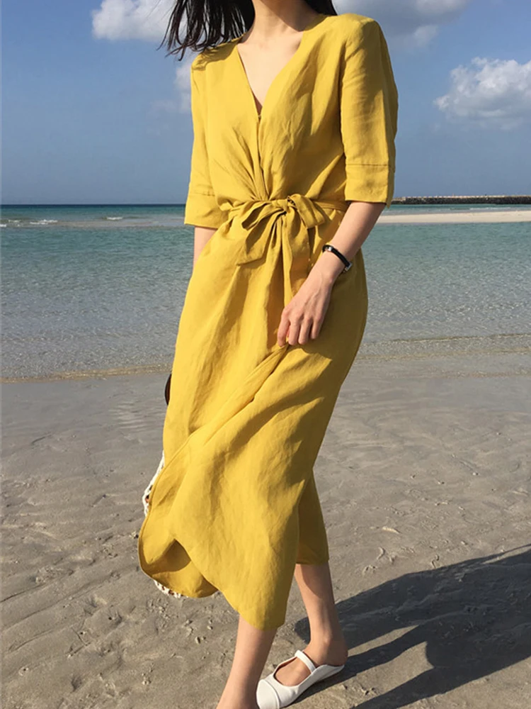 Fashion Women's Chic Steppe Dress Summer Beach Casual Light Cotton Loose Belt Women's Dress Yellow
Fashion Women's Chic Steppe Dress Summer Beach Casual Light Cotton Loose Belt Women's Dress Yellow