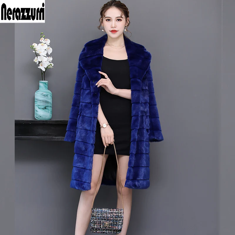 

Nerazzurri Faux fur coat women 2019 winter striped Sapphire blue furry fluffy fake mink fur jackets plus size outwear 5xl 6xl