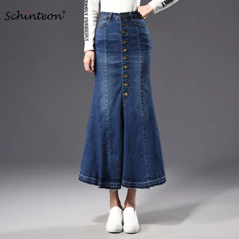 Schinteon Flare Women Denim Trumpet Mermaid Skirt Spring Autumn Jeans Bodycon Ankle Long Skirts Button | Женская одежда