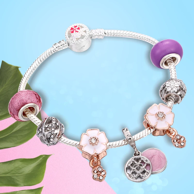 Fashion Jewelry Women Bracelet Crystal White Flower Pink Gem Beads Antique Silver Chain Bracelets Bangles Girl Gift DIY pulsera 
Fashion Jewelry Women Bracelet Crystal White Flower Pink Gem Beads Antique Silver Chain Bracelets Bangles Girl Gift DIY pulsera