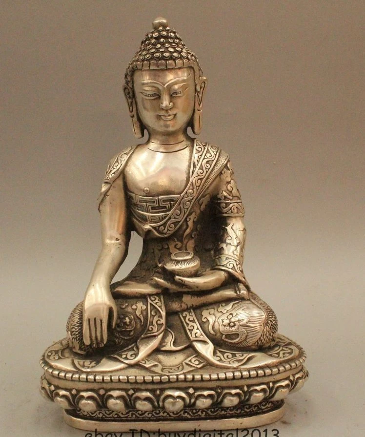 9 &quotТибет Буддизм серебряный дракон Шакьямуни Амитабха статуя Будды | Дом и сад