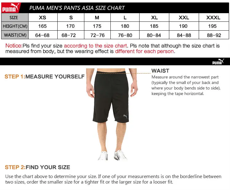 puma training pants size chart