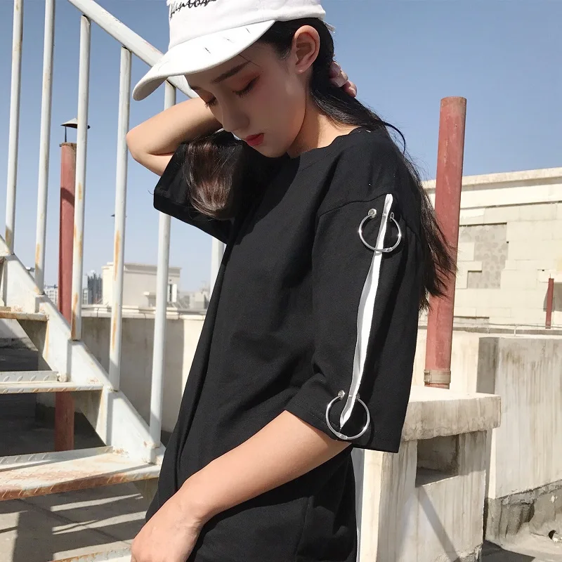 Фото Harajuka футболка женская летняя белая черная уличная с круглым вырезом короткий