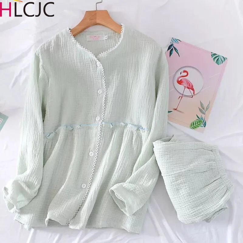 V-Neck Pajama Sets For Women Long Sleeve Cotton Crepe Pyjamas Ladies Spring Autumn Sleepwear Home Clothes Nightwear Two Piece
V-Neck Pajama Sets For Women Long Sleeve Cotton Crepe Pyjamas Ladies Spring Autumn Sleepwear Home Clothes Nightwear Two Piece
