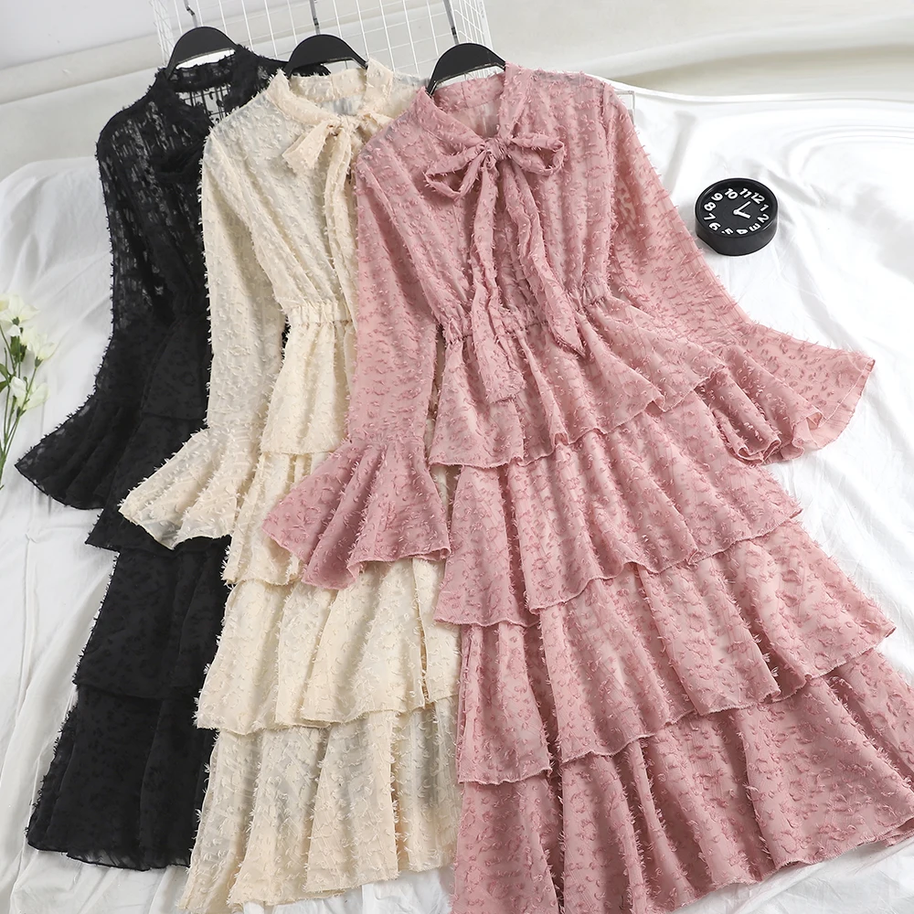 

Women Flare Sleeve Lace Up Bandage Pleated Tulle Tassels Cake Dress Casual Slim High Waist Mesh Gauze Voile Ruffles Bow Dresses